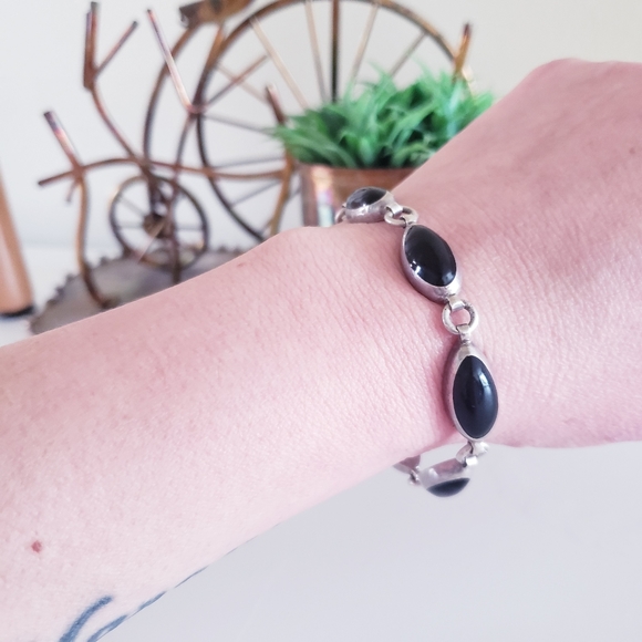 Vintage Mexico 925 Black Onyx & Sterling Silver Bracelet - Picture 12 of 13